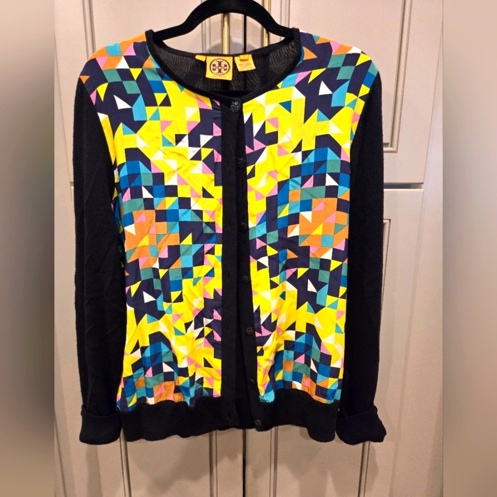NWT Tory Burch Merino Wool Printed Silk Sweater with Beautiful Embellished Top